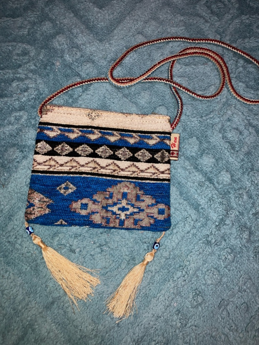 Handwoven Blue and Cream Crossbody Bag with Tassels 6” X 5” Zip Top